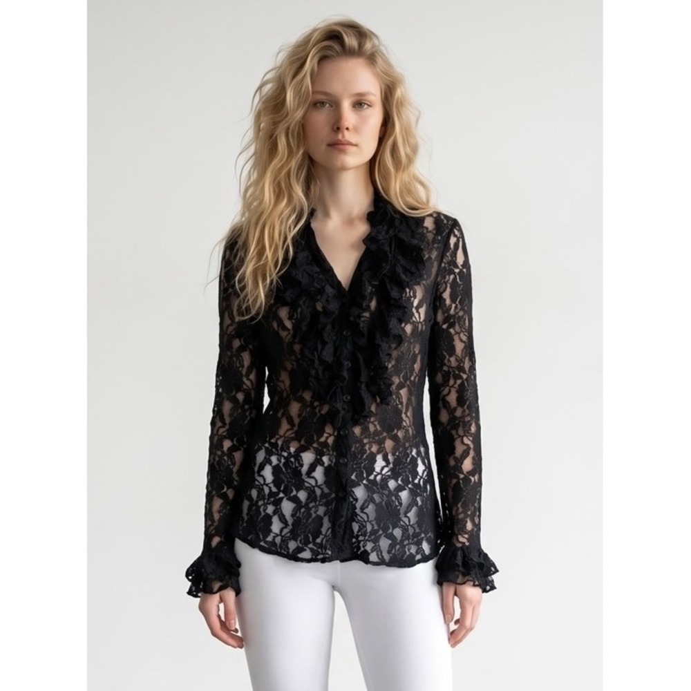 Newport News Black Floral‎ Lace Ruffle Button Down Blouse Sheer Top